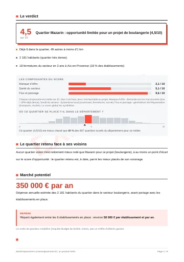 Page 2 de l'exemple : le verdict du quartier, ses trois composantes et le marché potentiel en euros